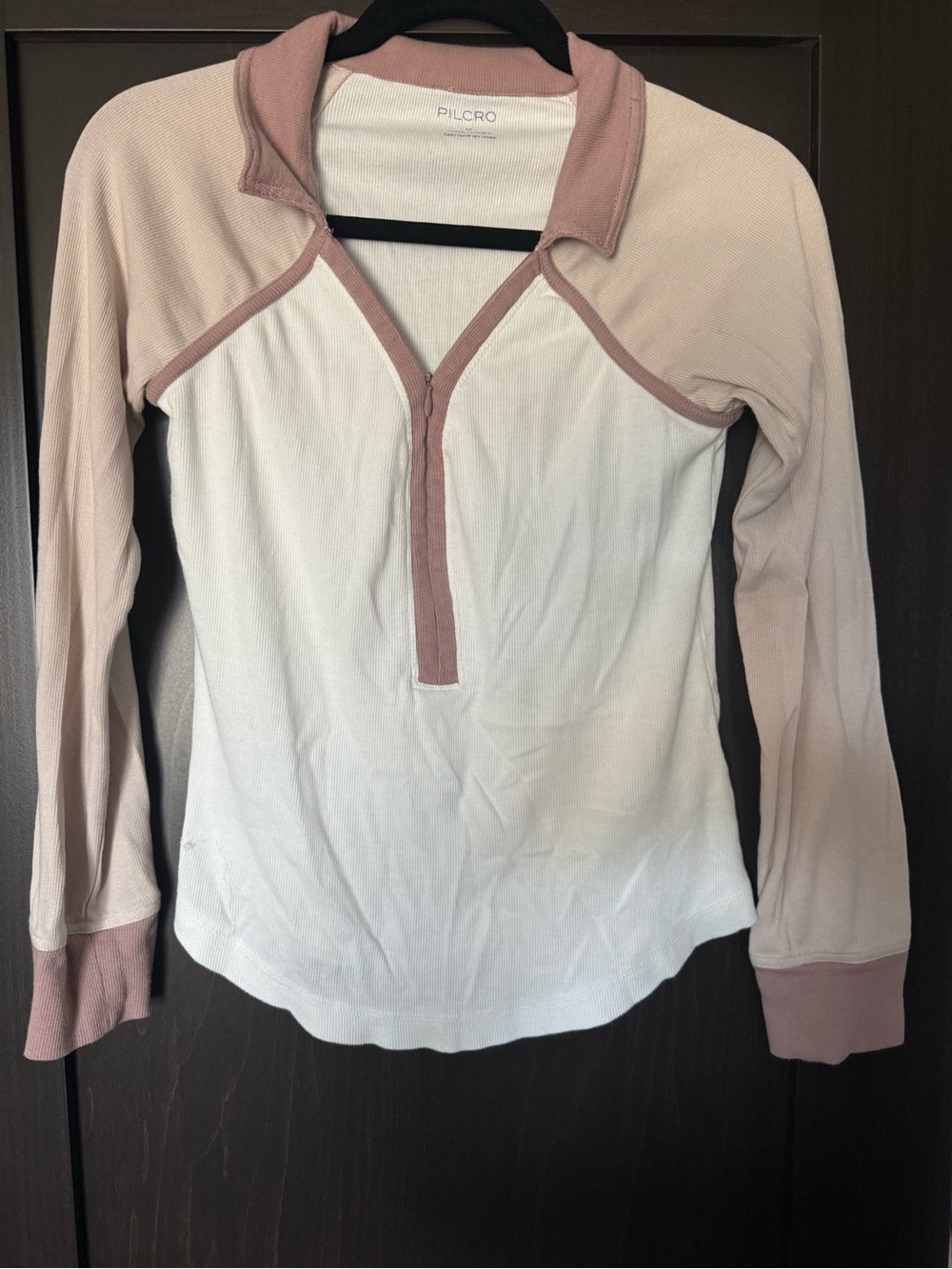Pilcro White Long-Sleeve Henley with Dusty Pink Trim